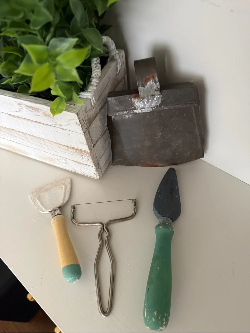 Kitchen Primitive Tools Metal Pan, Churn Paddle, Cheese Plane, Jar Opener
